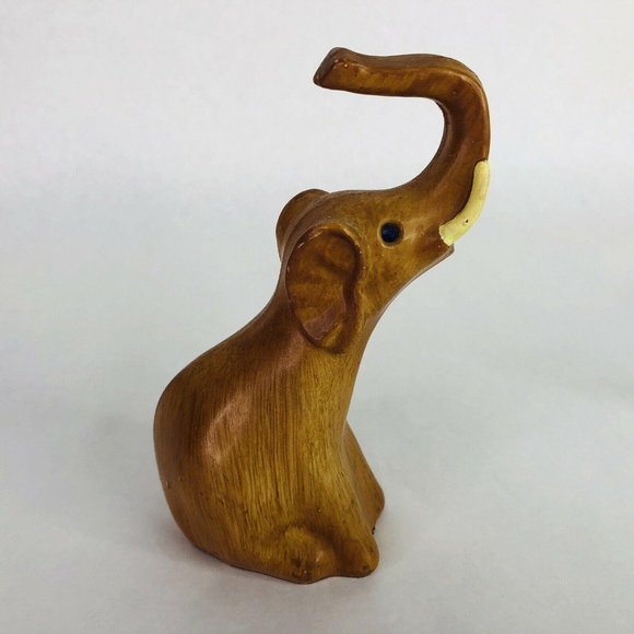 2 Elephant Figurines Wood Look Made Hong Kong Jewel Eyes Trunks Up Kitsch Decor - Picture 3 of 12